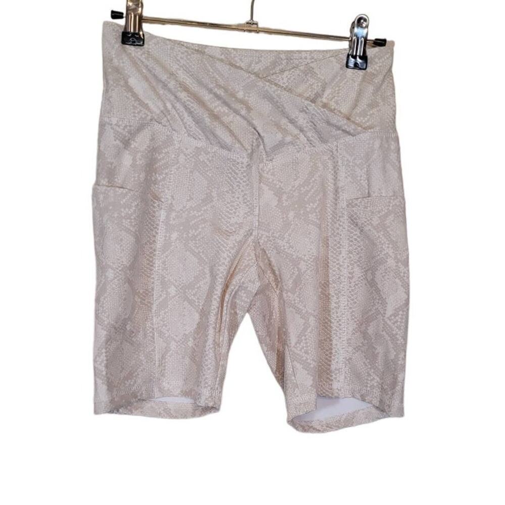Sommer Ray Crossover Waist Workout Bike Shorts Reptile Print Beige Size Small